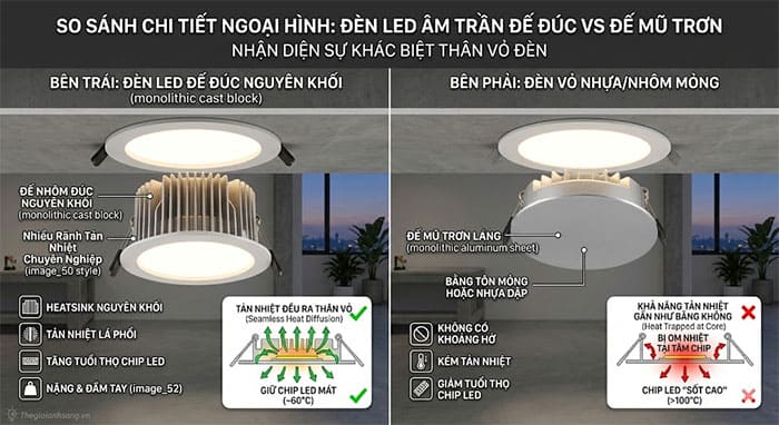 So sánh chi tiết ngoại hình giữa đèn led âm trần đế nhôm đúc xẻ rãnh và đèn đế mũ nhựa/nhôm mỏng